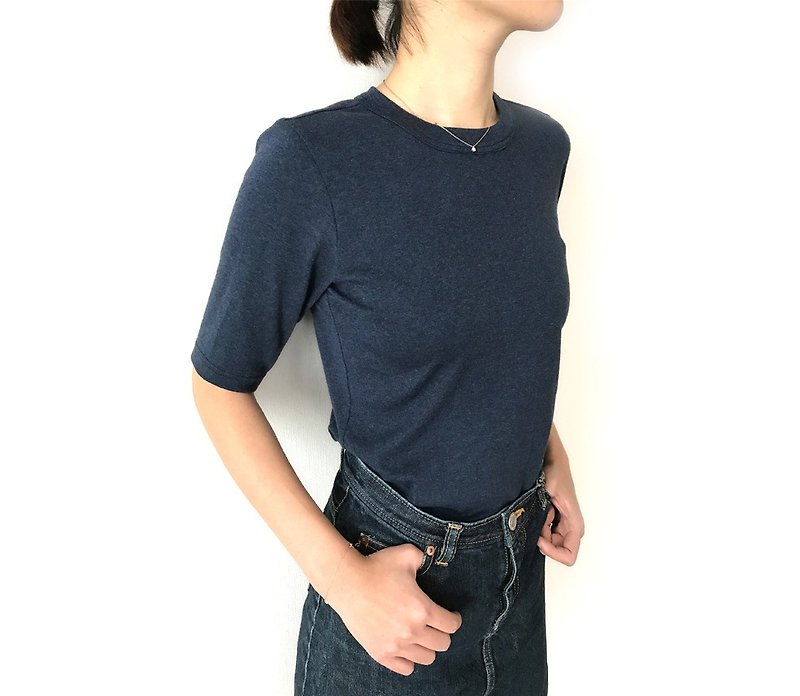 日本制 有机棉 剪裁讲究 大人的 4 分袖素色 T-shirt 深蓝色