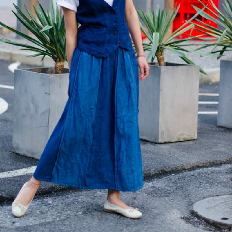 七月與安生 | 靛藍色 漢麻拼片雙面穿複古半身裙子 彈力松緊腰裙 - 裙子 - 棉．麻 蓝色