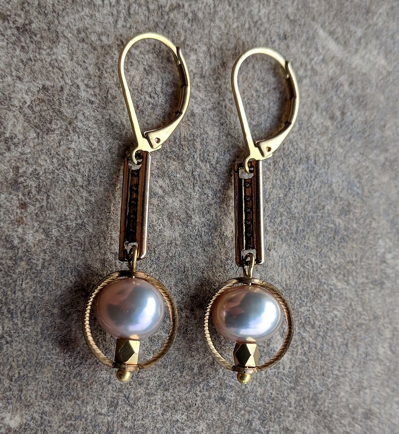 Art Deco风格淡水珍珠黄铜耳环 - 耳环/耳夹 - 珍珠 