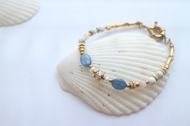 海蓝-蓝晶石 白纹石 锆石 珍珠黄铜手环 - 手链/手环 - 宝石 