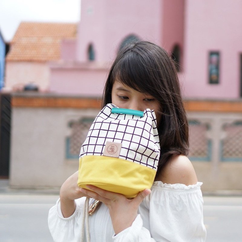 Mini Bucket Bag canvas fabric small size yellow colour and grid pattern - 侧背包/斜挎包 - 其他材质 黄色