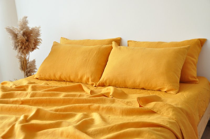 Turmeric linen sheet set / Flat+fitted sheet+2 pillowcases / Yellow bedding - 寝具 - 亚麻 黄色