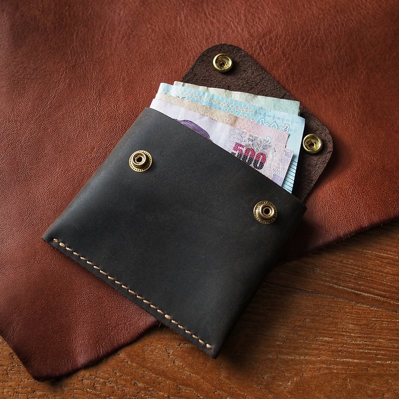 Handmade mini wallet and card slot with crazy horse leather (brown black) - 皮夹/钱包 - 真皮 黑色