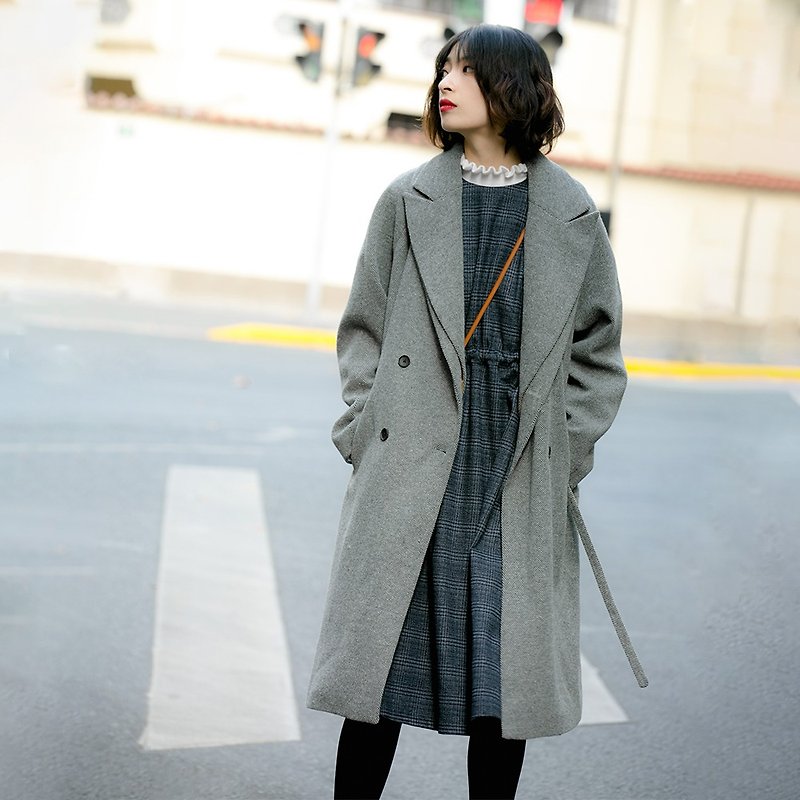 双层领羊毛混纺大衣|外套|大衣|冬款|羊毛混纺|Sora-385 - 女装休闲/机能外套 - 羊毛 灰色