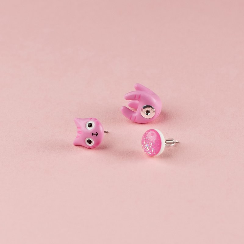 Pink Polymer Clay Earrings -  Spring Cat Earrings - 耳环/耳夹 - 粘土 粉红色
