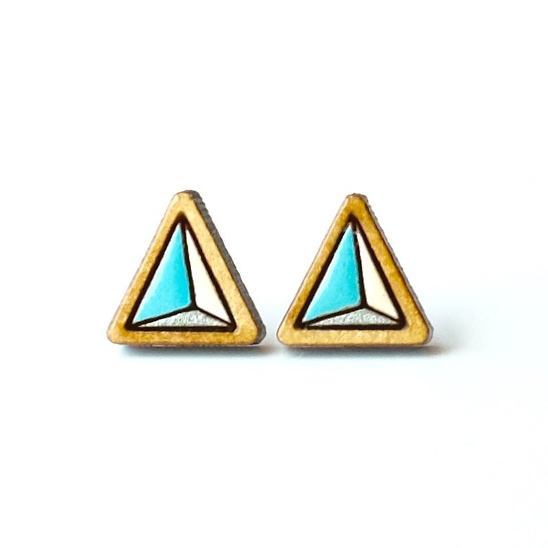 彩绘木耳环-三分三角形(粉蓝) - 耳环/耳夹 - 木头 蓝色