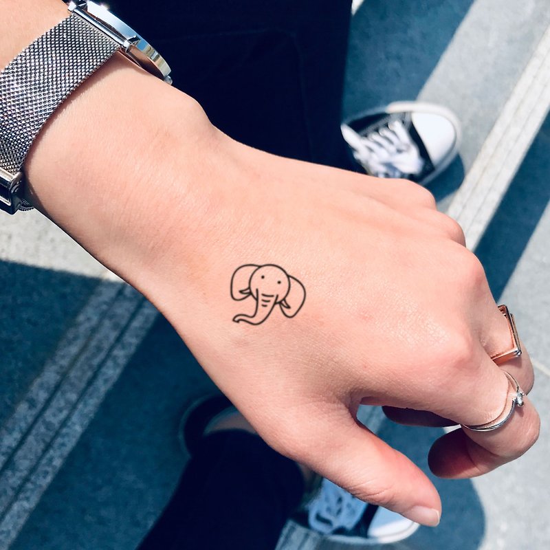 OhMyTat 可爱小象线条刺青图案纹身贴纸 (6 张) - 纹身贴 - 纸 黑色