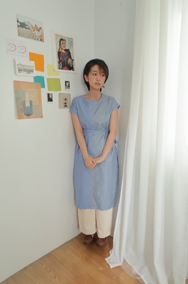 温柔水蓝拼接洋装 (附绑带) - 洋装/连衣裙 - 棉．麻 蓝色