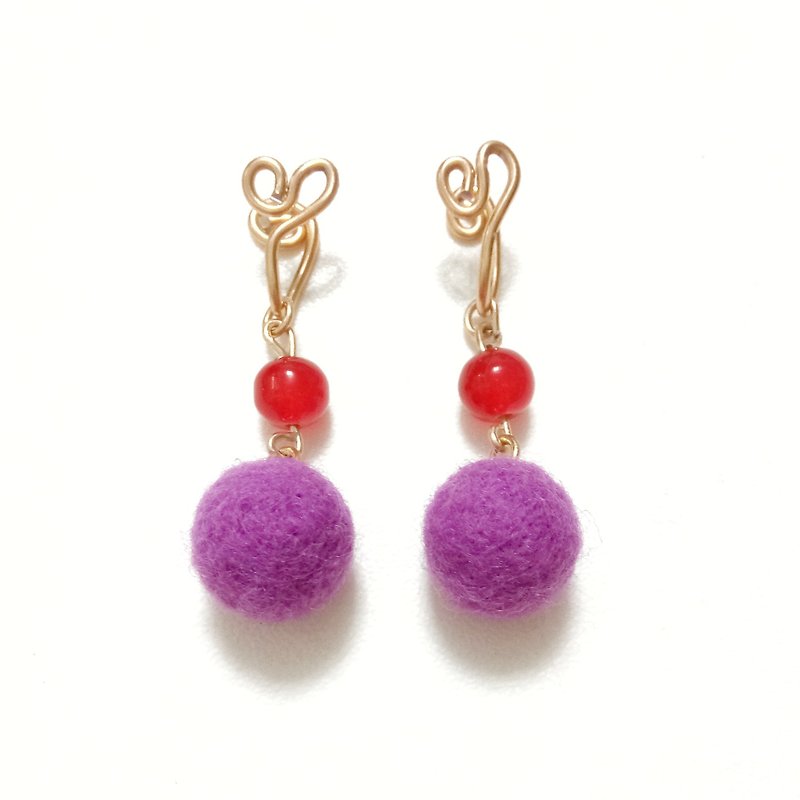 大红大紫羊毛毡 铝线耳夹 耳环 - 耳环/耳夹 - 羊毛 紫色