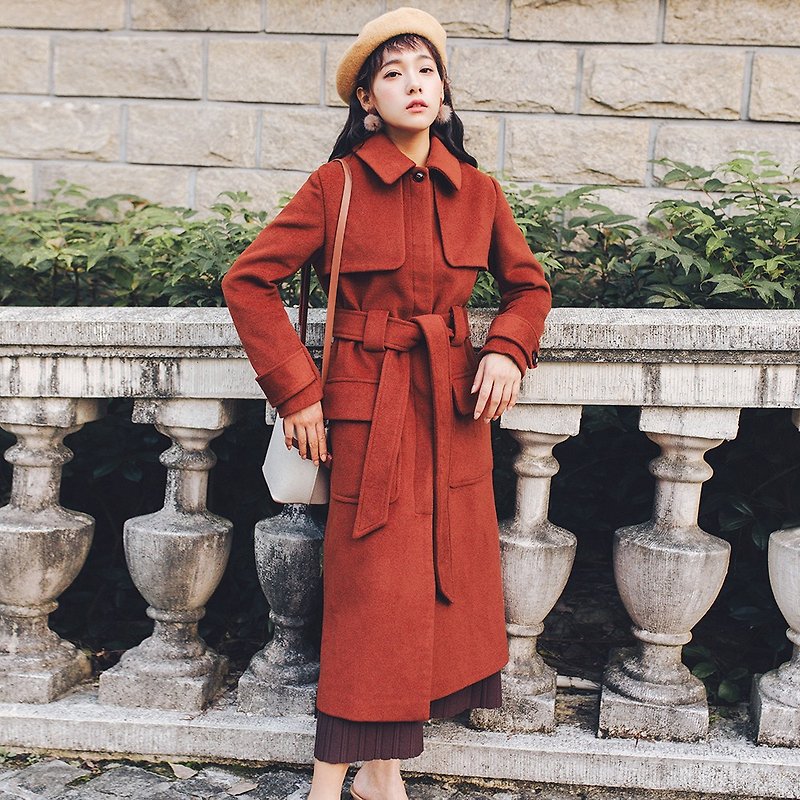 2018秋冬女装新品宽腰带暗门襟长款呢外套 - 女装休闲/机能外套 - 聚酯纤维 红色