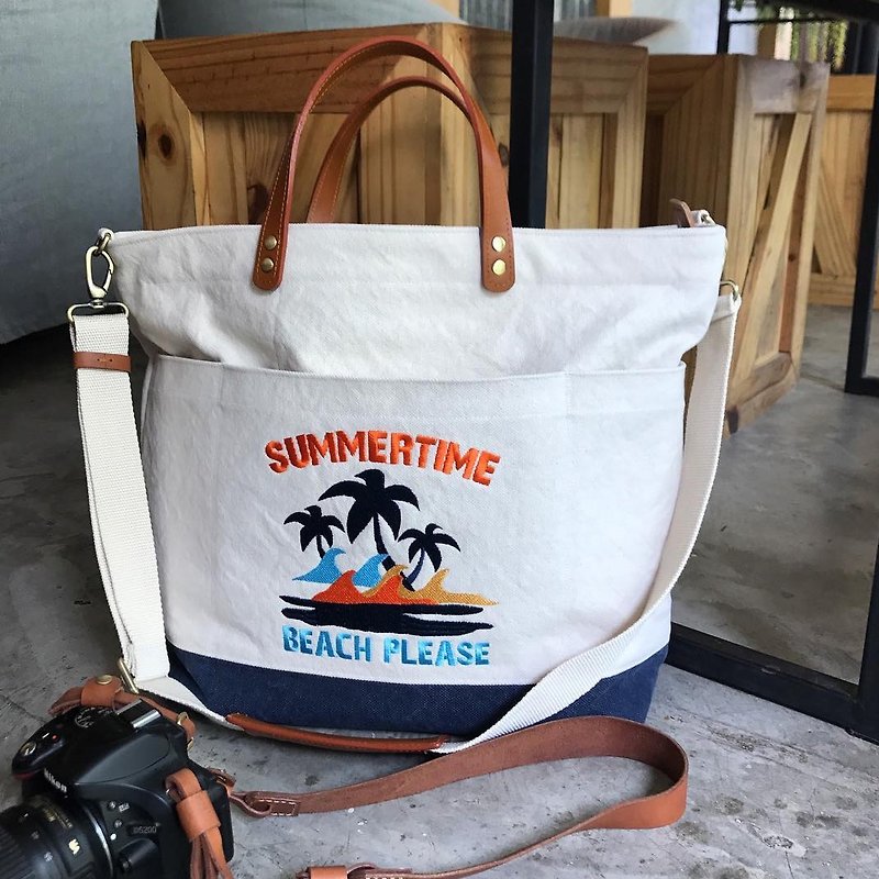 Beach bag / Canvas Bag / White vs Dark blue - 行李箱/行李箱保护套 - 其他材质 白色