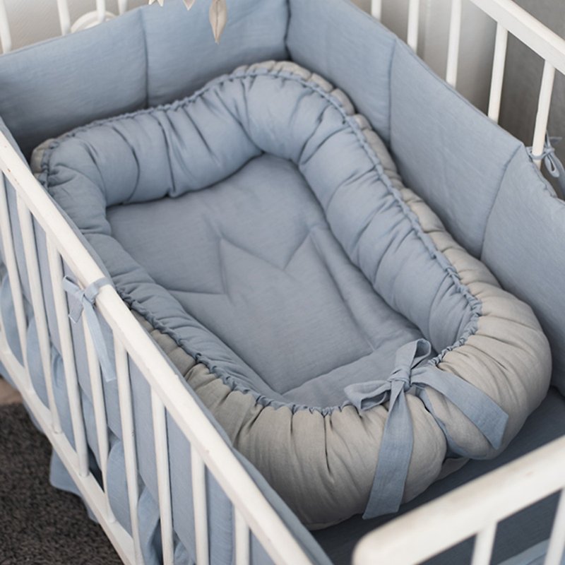 LINEN Blue Grey baby nest - double sided nest for baby sleeping bed - 婴儿床上用品 - 亚麻 灰色