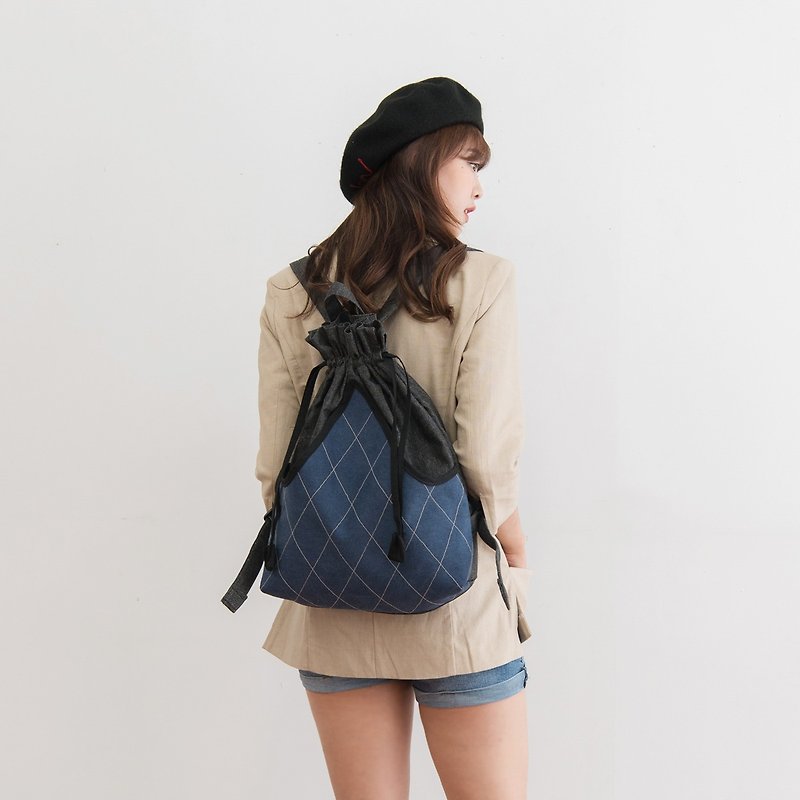 Backpack women Drawstring Bags - 后背包/双肩包 - 棉．麻 蓝色