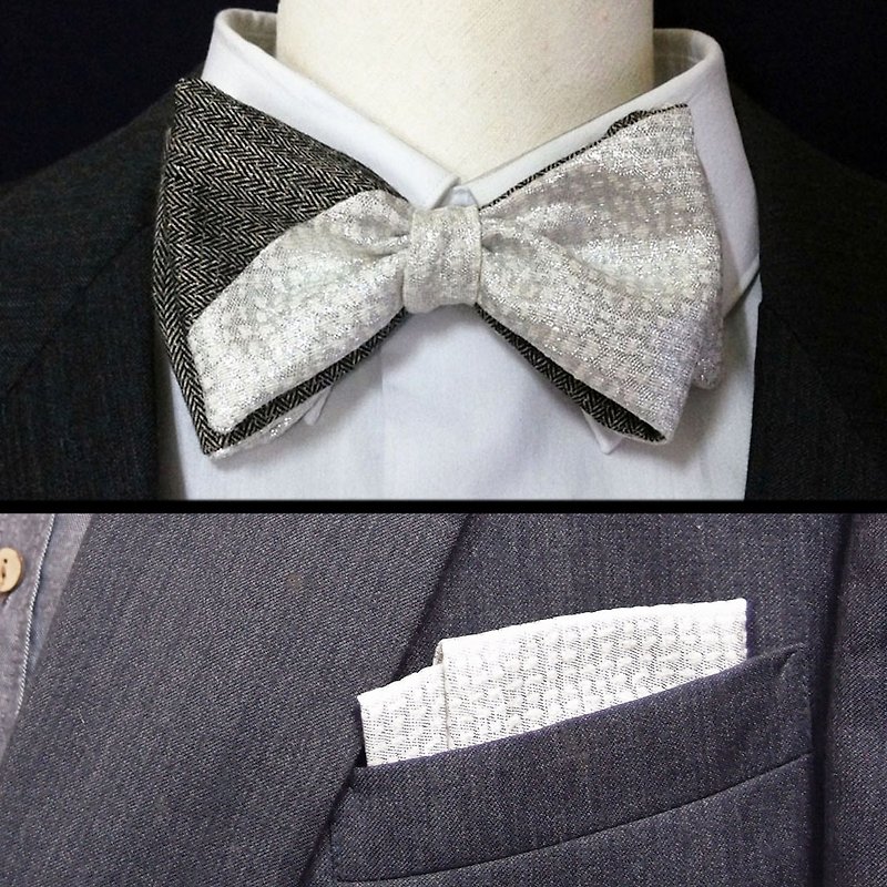 典雅银白灰领结Bow tie +假口袋巾pocket square 整组特价 - 领结/领巾 - 其他人造纤维 白色