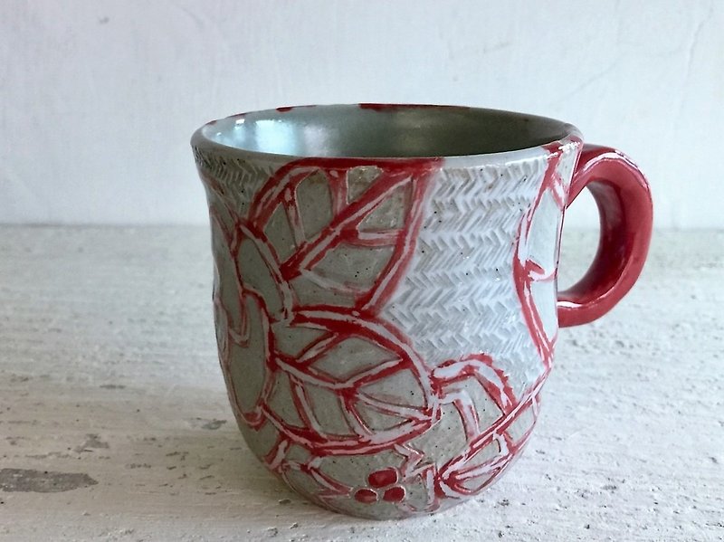 红纹山茶花线条咖啡杯_陶器马克杯 - 咖啡杯/马克杯 - 陶 红色