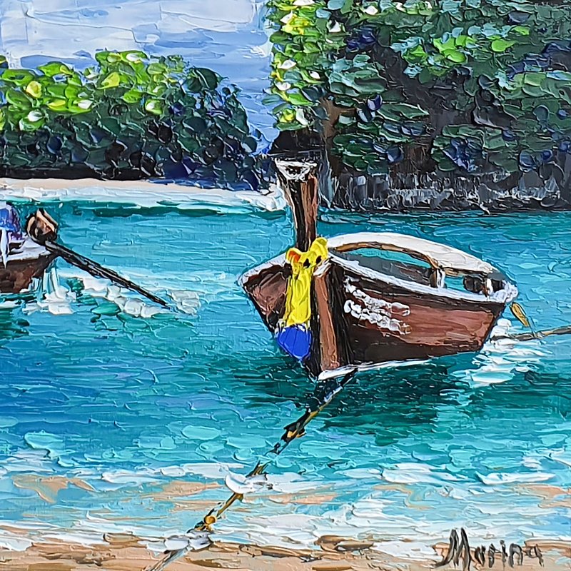 Longtail Boat Painting Seascape Thailand Original Art Sea Boats Malaysia Artwork - 海报/装饰画/版画 - 其他材质 绿色