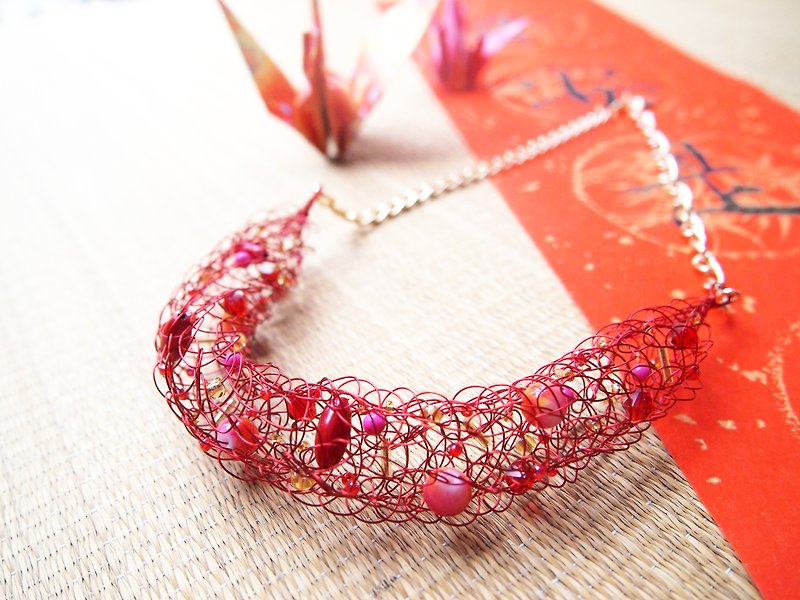 订制手工编织红色铜线配大红色人造玻璃珠项錬 N118 - 项链 - 其他金属 红色
