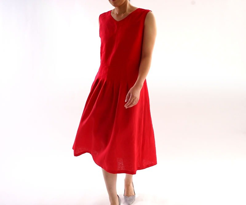 Linen V neck Sleeveless Dress / Rouge a62-6 - 洋装/连衣裙 - 棉．麻 红色