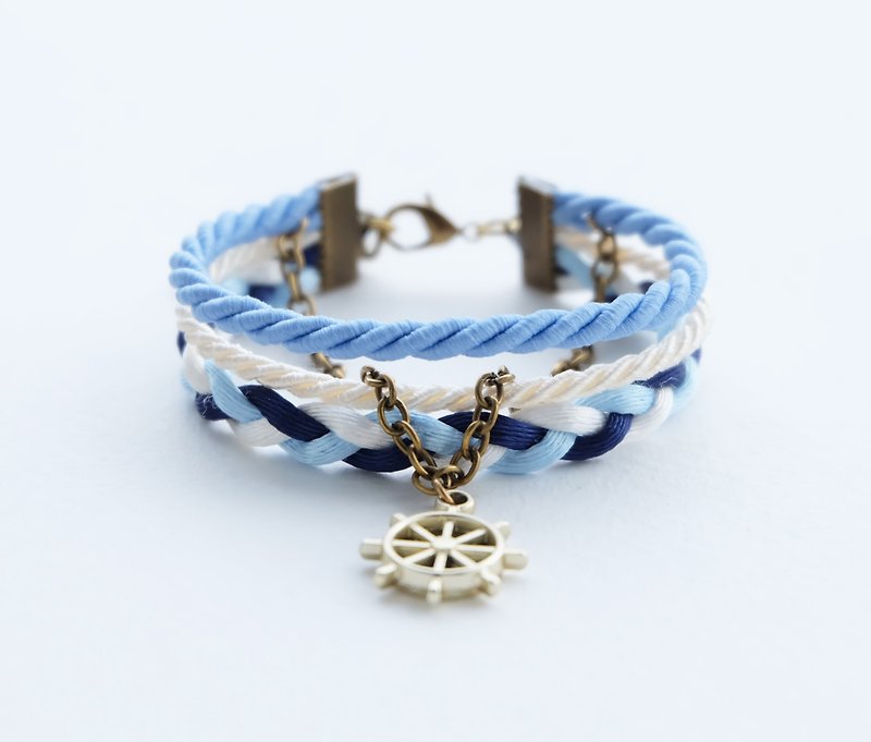Ship wheel nautical layered bracelet in matte cornflower / cream / navy blue - 手链/手环 - 其他材质 蓝色