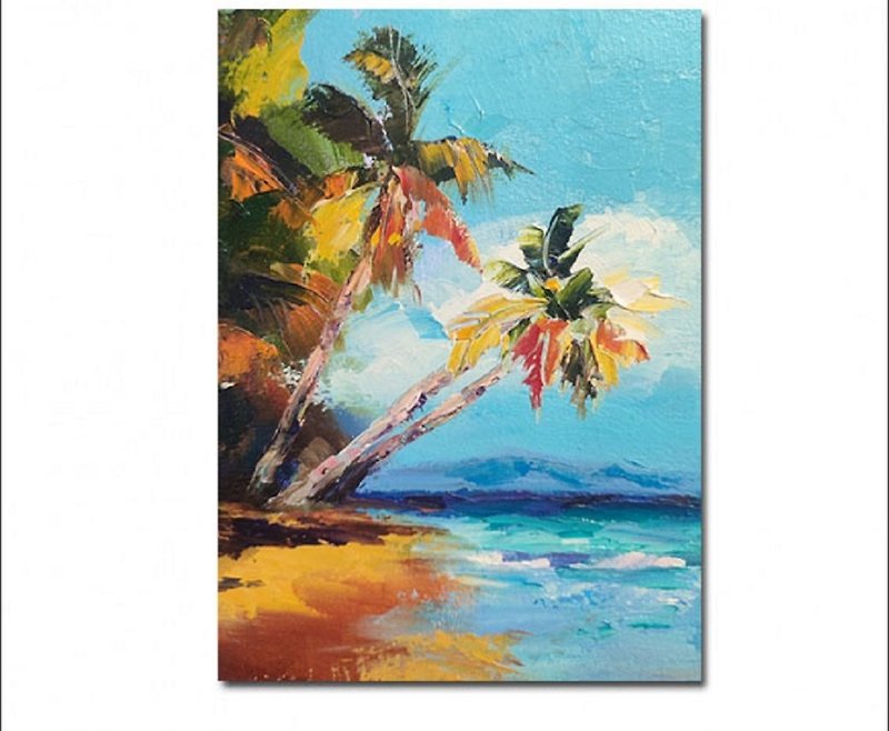 棕榈树油画海小艺术海洋艺术品夏威夷绘画棕榈艺术 - 墙贴/壁贴 - 其他材质 蓝色