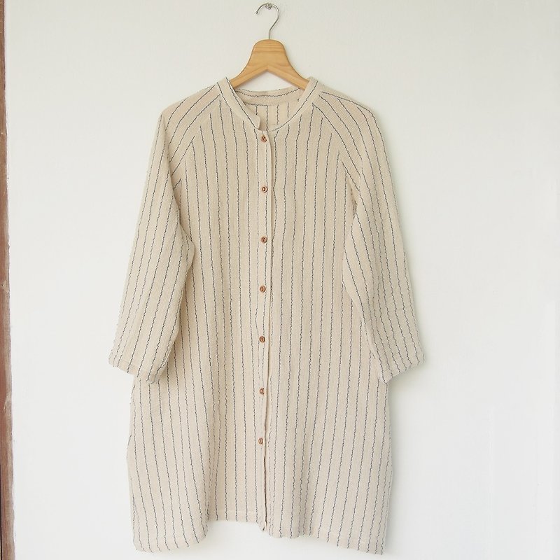 Stripe cotton shirt dress / blue x white jacket - 女装衬衫 - 棉．麻 白色