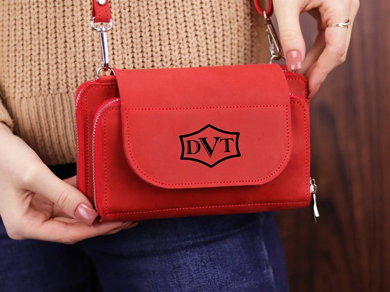 女士红色皮革手机包/斜挎钱包钱包/单肩斜挎包 - 手拿包 - 真皮 红色