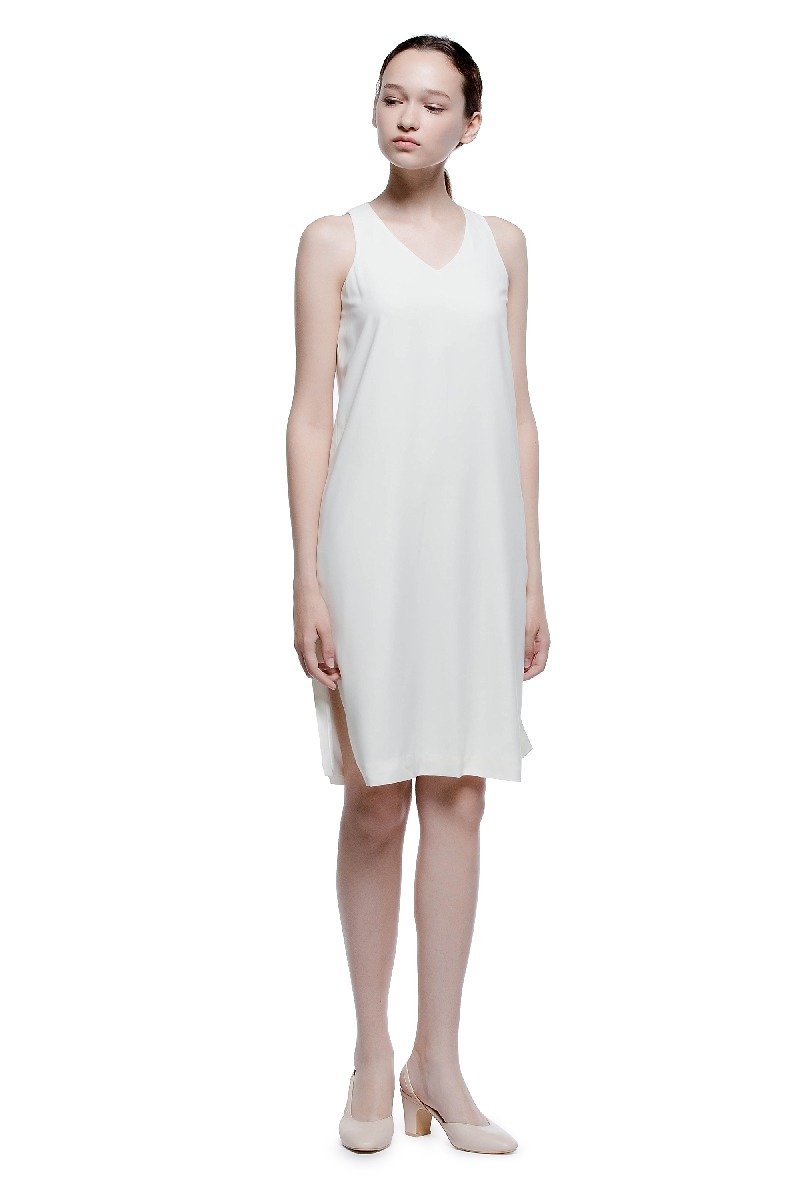 白色V领无袖中裙 - 裙子 - 聚酯纤维 白色