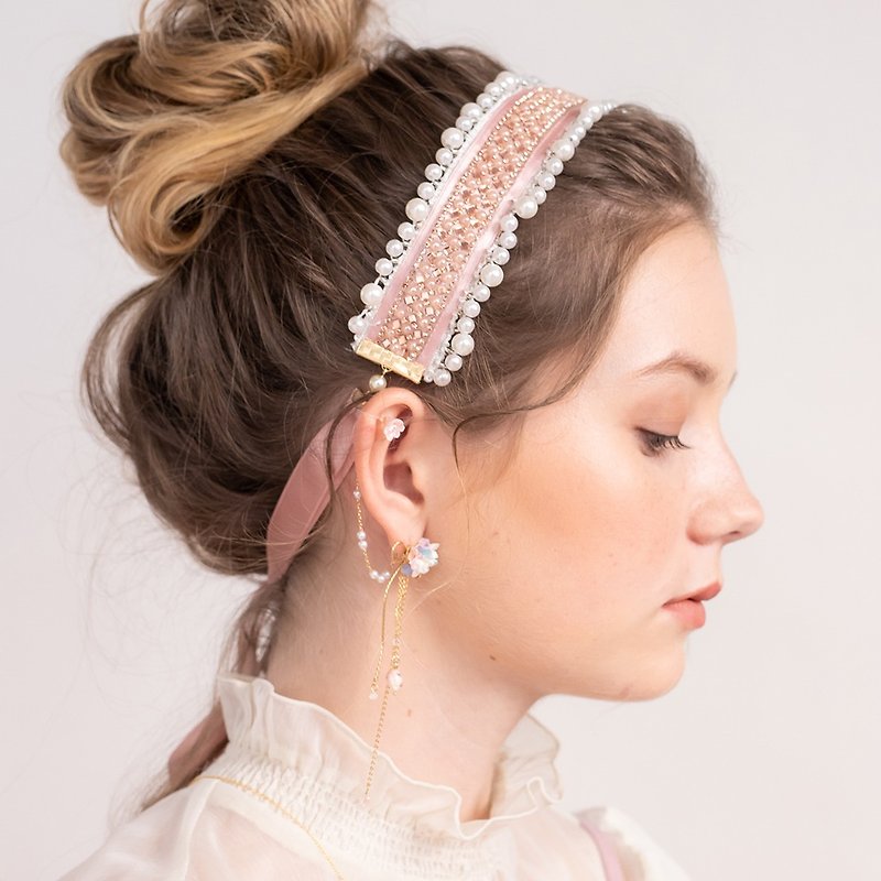 AURORA: 粉雪珍珠宝石发带 - 手工饰品 - 发饰 - 丝．绢 粉红色