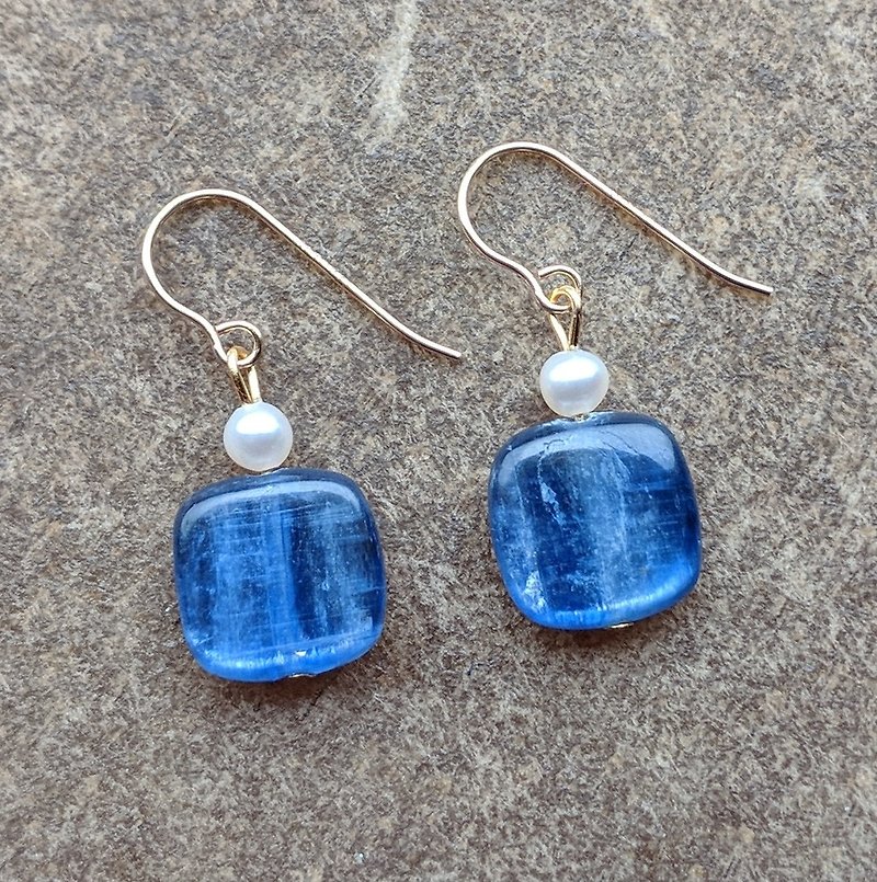 方型蓝晶石珍珠耳环 - 耳环/耳夹 - 宝石 蓝色