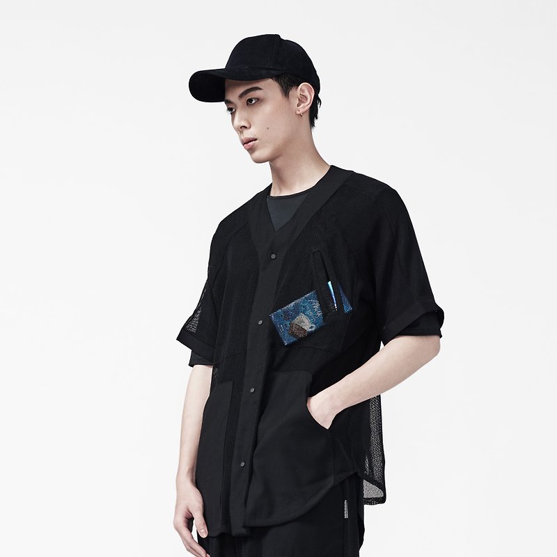 TRAN - 棉网格棒球机能外套 - 男装上衣/T 恤 - 聚酯纤维 黑色