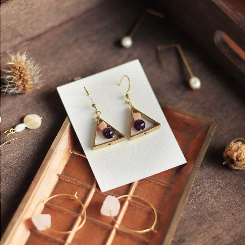 天然石几何黄铜系列耳环-野莓三明治 - 耳环/耳夹 - 铜/黄铜 紫色