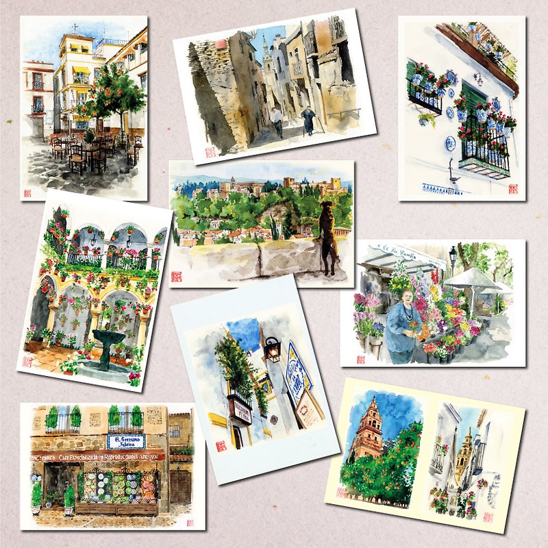 水彩画ポストカード9枚セット　スペインの風景 - 卡片/明信片 - 纸 