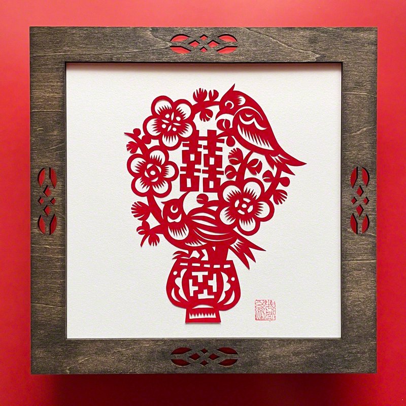 木製フレーム付き  受注製作   切り紙・カササギと梅  喜上眉梢 - 海报/装饰画/版画 - 纸 红色