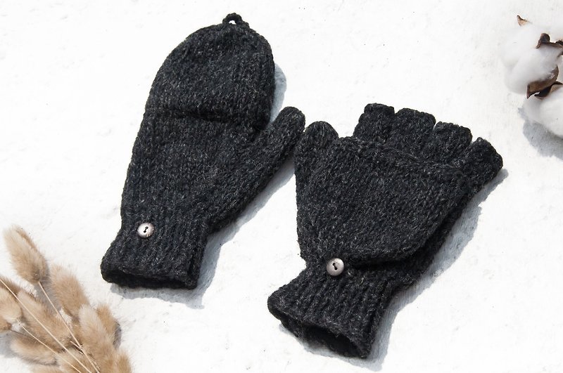 手织纯羊毛针织手套/可拆卸手套/内刷毛手套/保暖手套-日本时尚黑 - 手套 - 羊毛 黑色