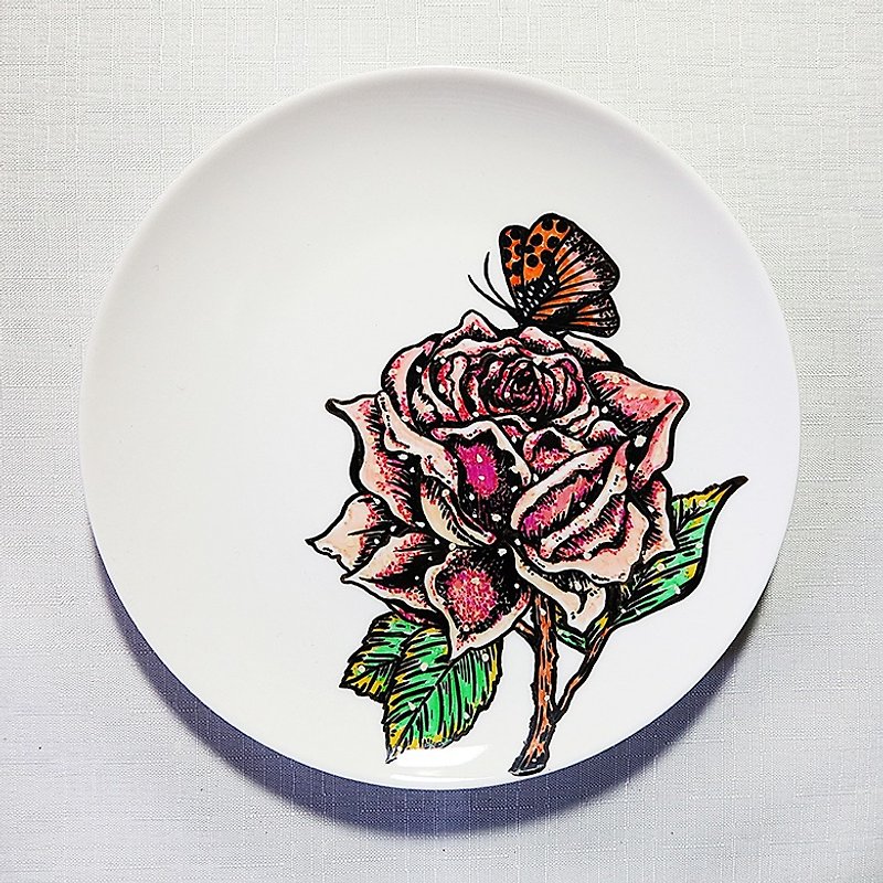 疗愈陶瓷手绘盘 - 玫瑰的诱惑(18cm) - 浅碟/小碟子 - 瓷 紫色