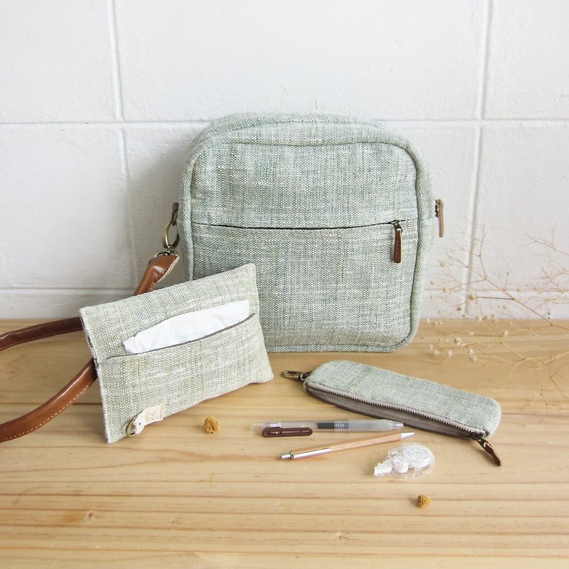 Goody Bag / A Set of Cross-body Bags Little Tan Extra Bag with Tissue Paper Case and Pencil Bag in Green Color Cotton - 侧背包/斜挎包 - 棉．麻 绿色