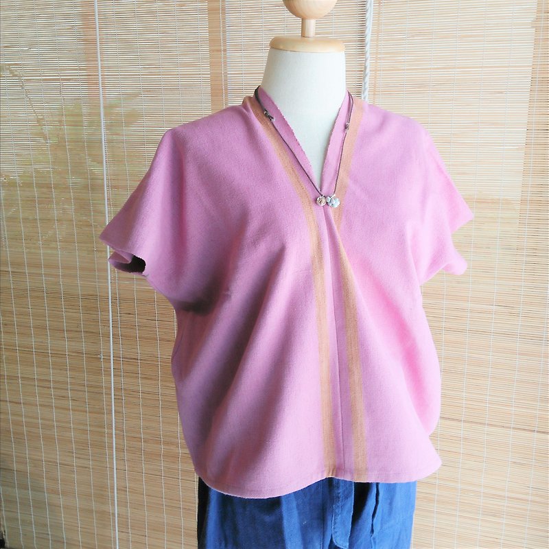 タイの草木染め & 手織り トップス / ピンク / ライン / コットン - 女装上衣 - 棉．麻 粉红色