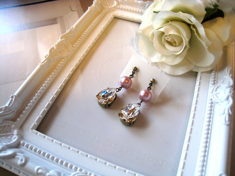 Silky Pearl & Swarovski Crystal Drop Pierced Earrings / PD : Pink - 耳环/耳夹 - 珍珠 粉红色