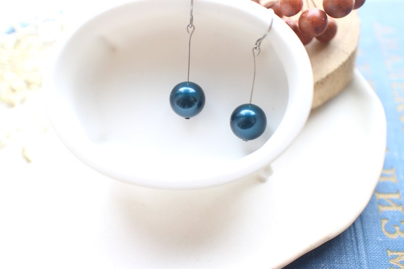 蓝果子-不锈钢 施华洛珍珠耳环-可改夹 - 耳环/耳夹 - 不锈钢 蓝色