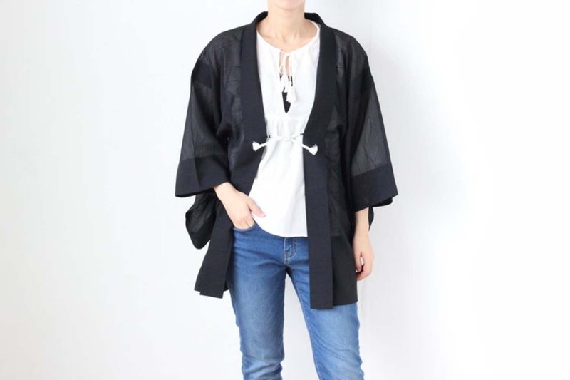 聚酯纤维 女装休闲/机能外套 黑色 - summer kimono, EXCELLENT VINTAGE, open front jacket, Japanese haori /3895