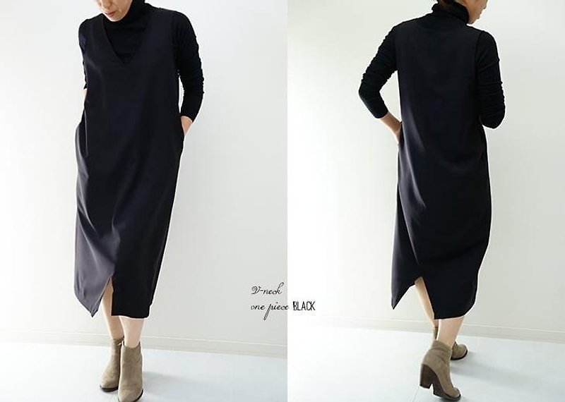 wool（ウール）Ｖネック＆裾Ｖ　ワンピース・裏地/ブラック a28-22 - 洋装/连衣裙 - 棉．麻 黑色