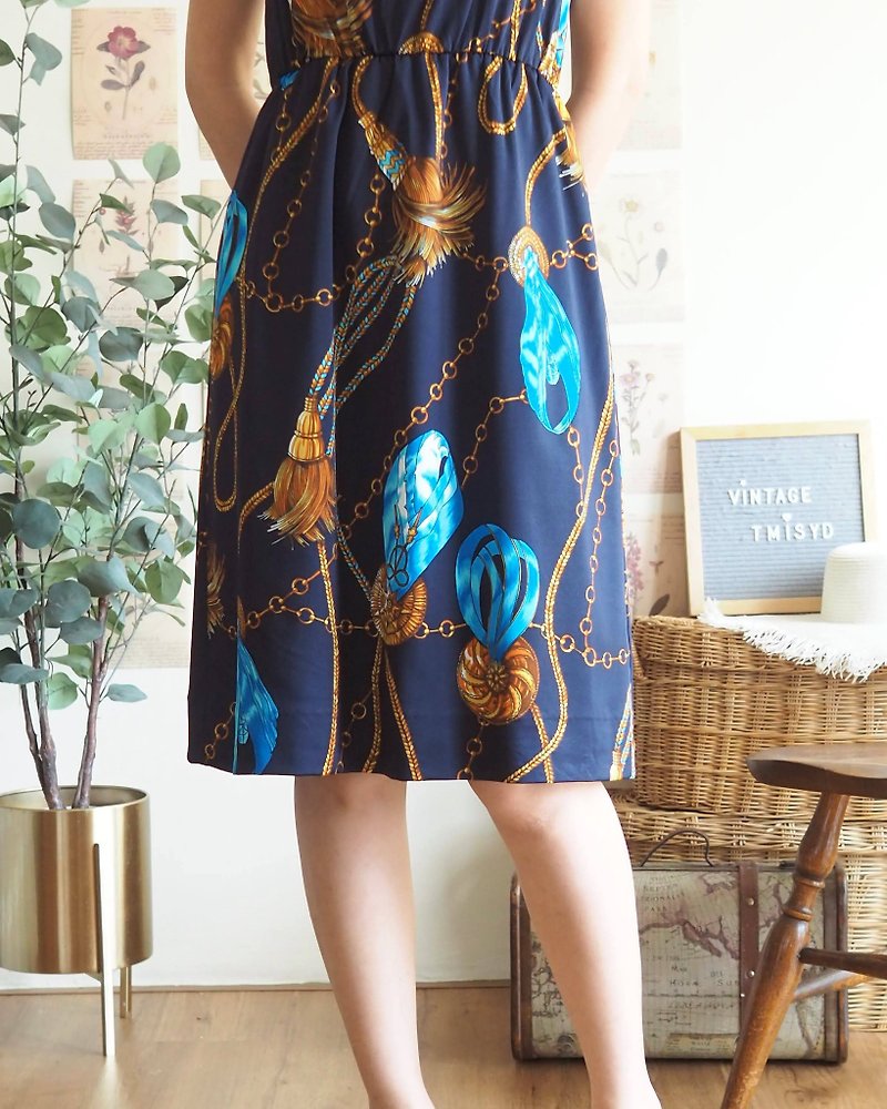 Vintage Japan Navy Blue Dress - XS-S ,Tassel & Chain Print - 洋装/连衣裙 - 聚酯纤维 蓝色