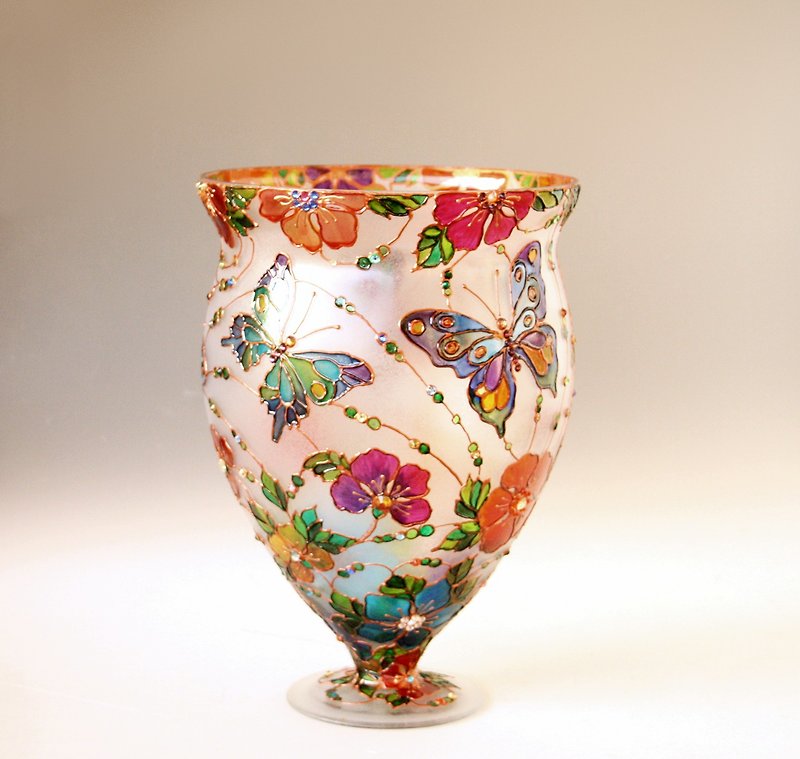 Glass Vase Hand Painted Buterflies and Wildflowers design, Swarovski Crystals