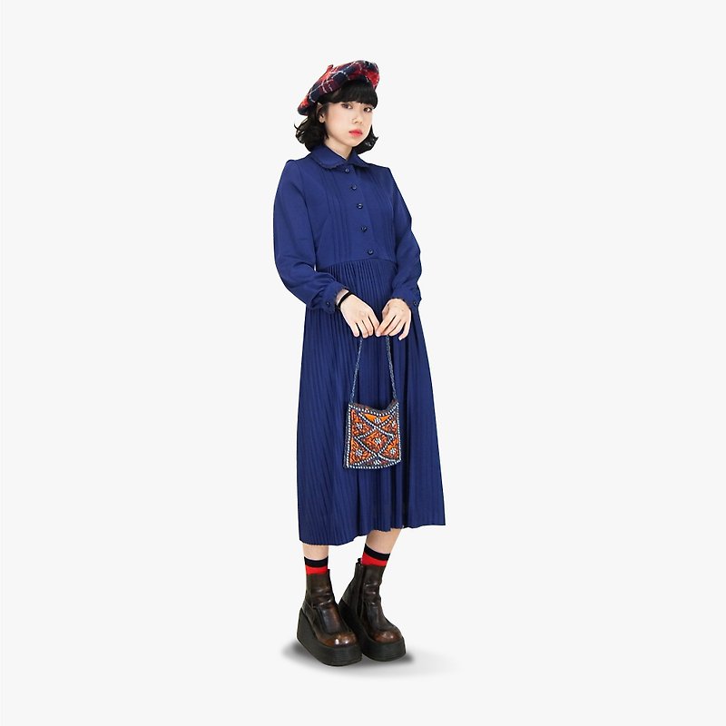 A·PRANK :DOLLY :: 优雅深蓝圆领缀蕾丝百折裙古着洋装(D801023) - 洋装/连衣裙 - 棉．麻 蓝色