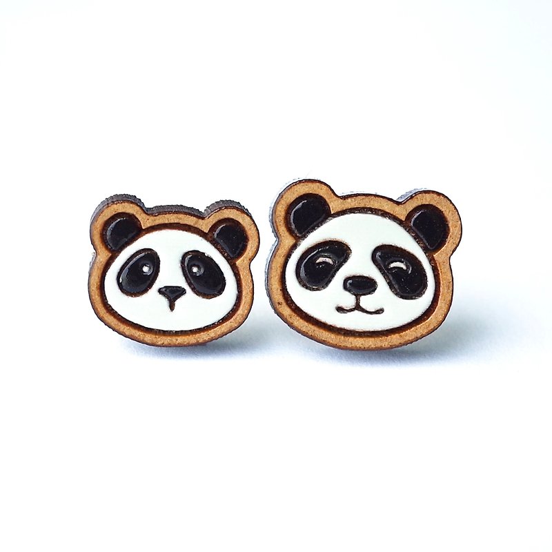 彩绘木耳环-熊猫父女 - 耳环/耳夹 - 木头 白色