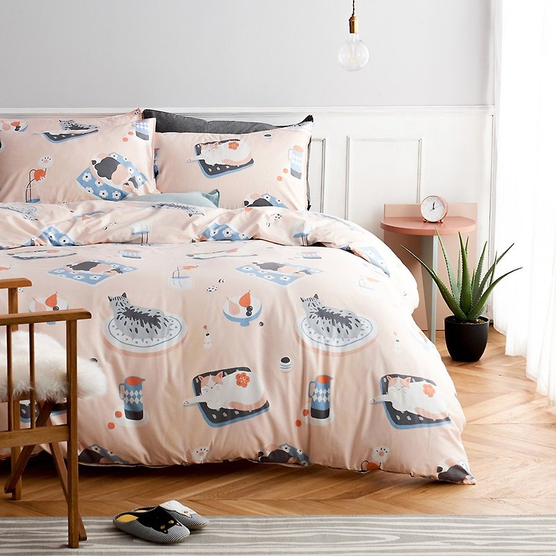 檬檬喵 枕套+被套兩件組 單人雙人原創手繪貓咪40支純棉 床包另購 - 寝具 - 棉．麻 粉红色