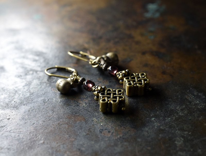 Endless knot, purple antique beads, ethnic bell earrings