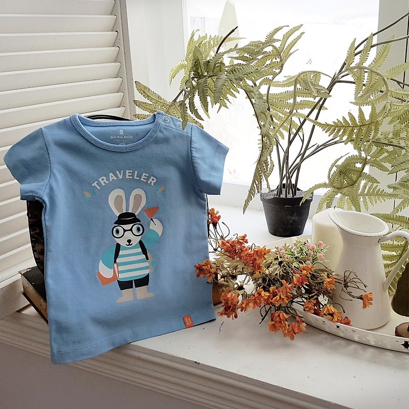 【小兔子旅行者两件组】婴幼儿短袖纯棉T恤 口袋上衣 (赠小袋子)--水蓝 - 其他 - 棉．麻 蓝色