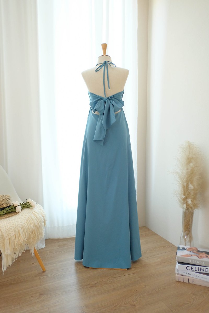 Rustic blue bridesmaid dress Maxi spring summer backless halter dress - 洋装/连衣裙 - 聚酯纤维 蓝色