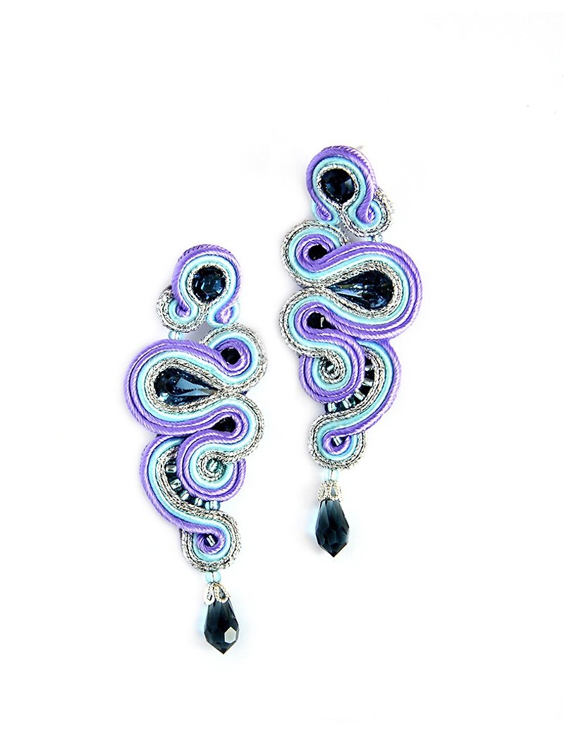 Earrings Long asymmetrical earrings in purple color with crystalsChristmas Gift - 耳环/耳夹 - 其他材质 紫色